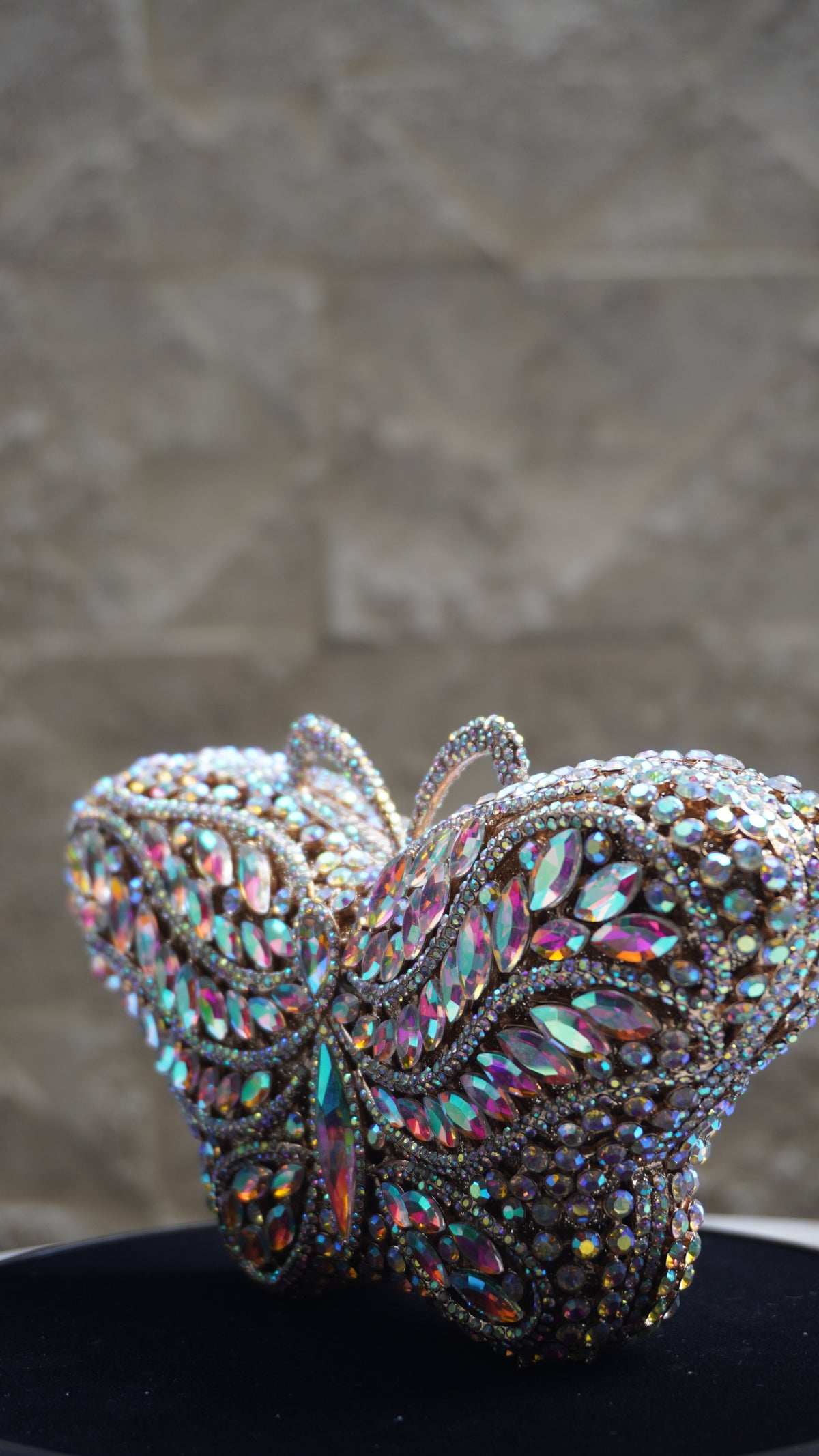HER LABEL Pink and Silver Crystal Butterfly Handbag angled detail