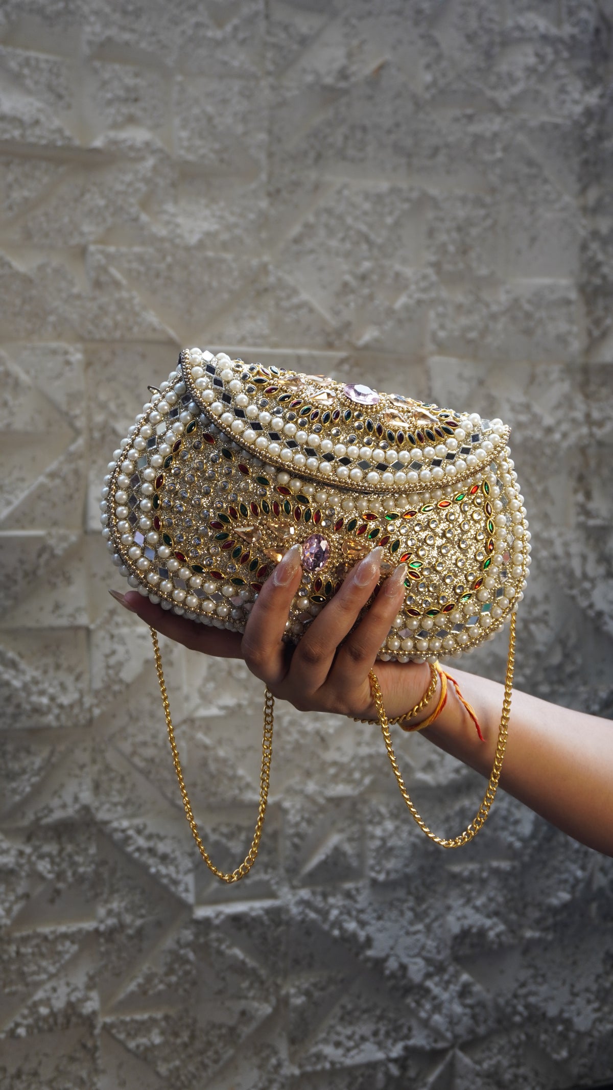 HER LABEL U-Shaped Brass Clutch with golden-toned chain