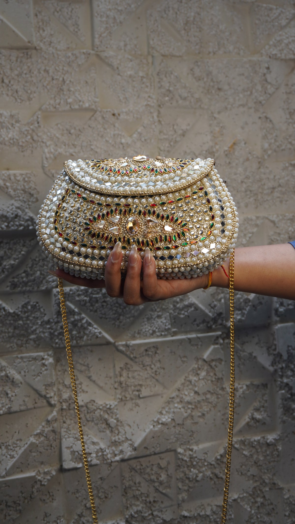 HER LABEL Brown U-Shaped Brass Clutch with chain