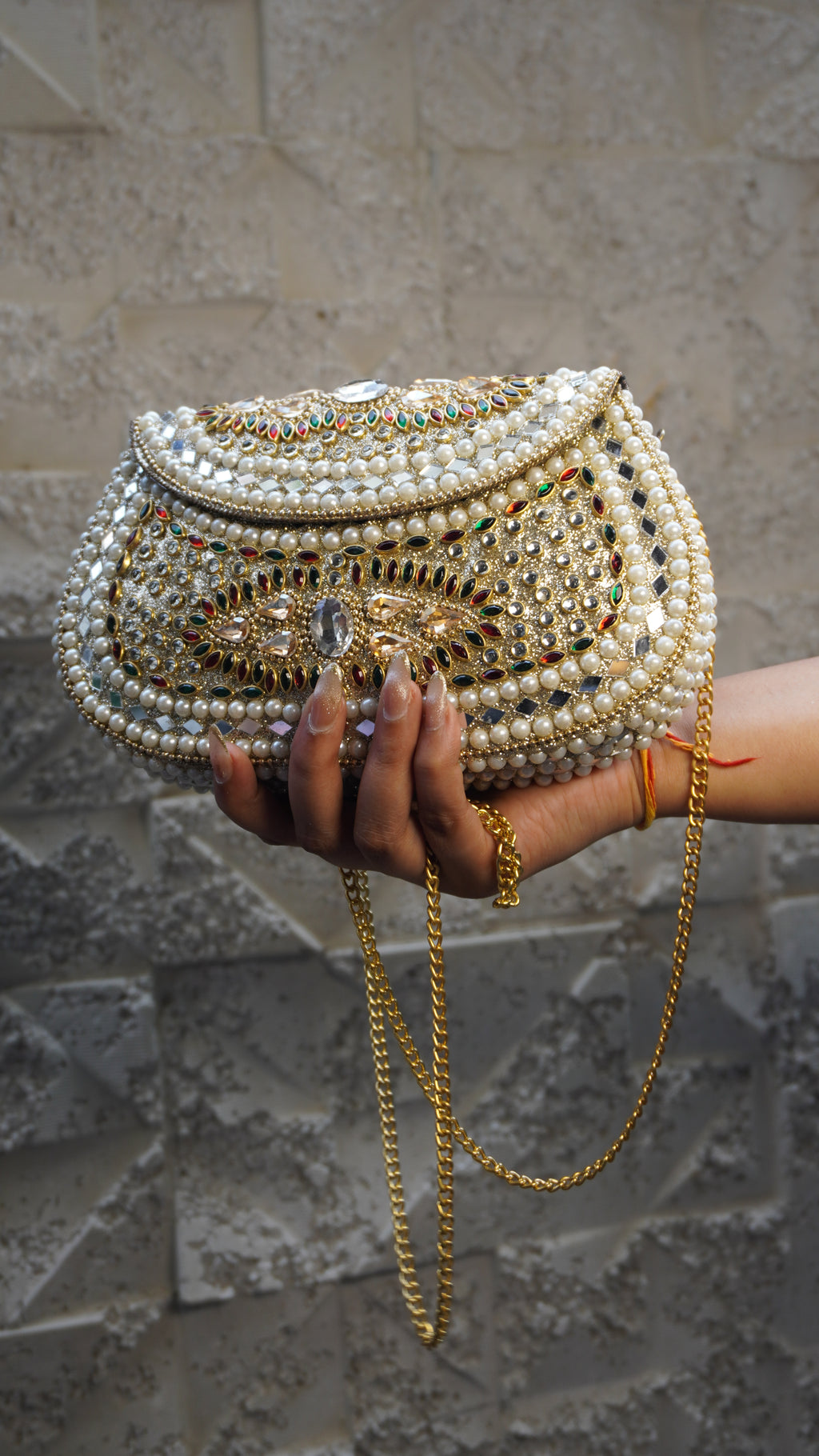 HER LABEL Pearl U-Shaped Brass Clutch with chain