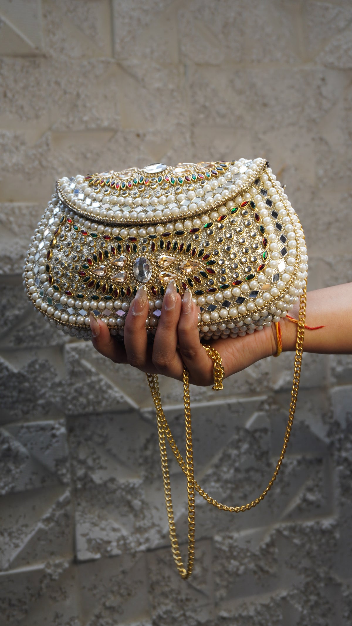 HER LABEL Pearl U-Shaped Brass Clutch with chain