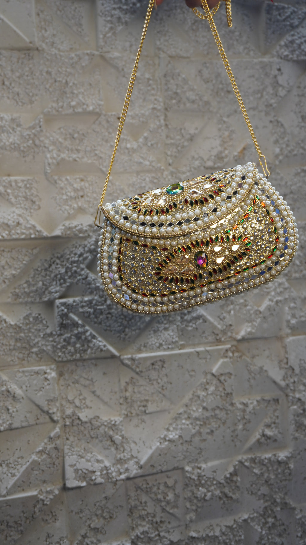 HER LABEL Multicolour Stone U-Shaped Brass Clutch