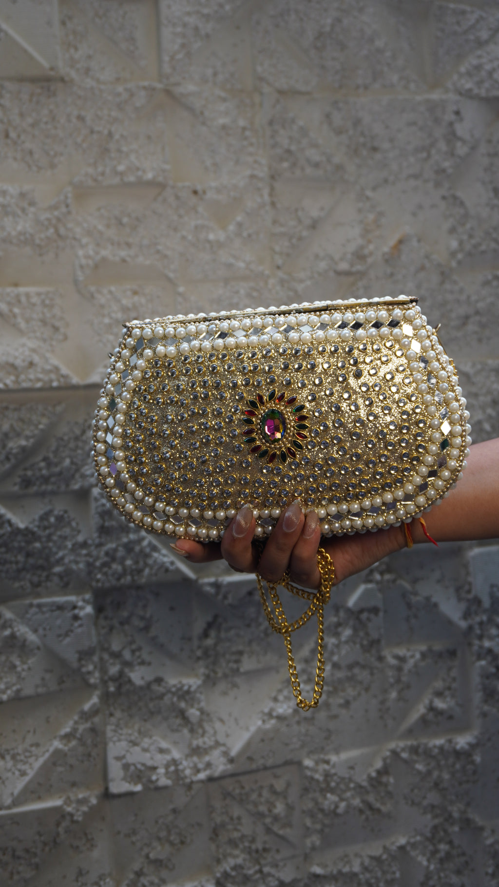 HER LABEL Multicolour Stone U-Shaped Brass Clutch with chain