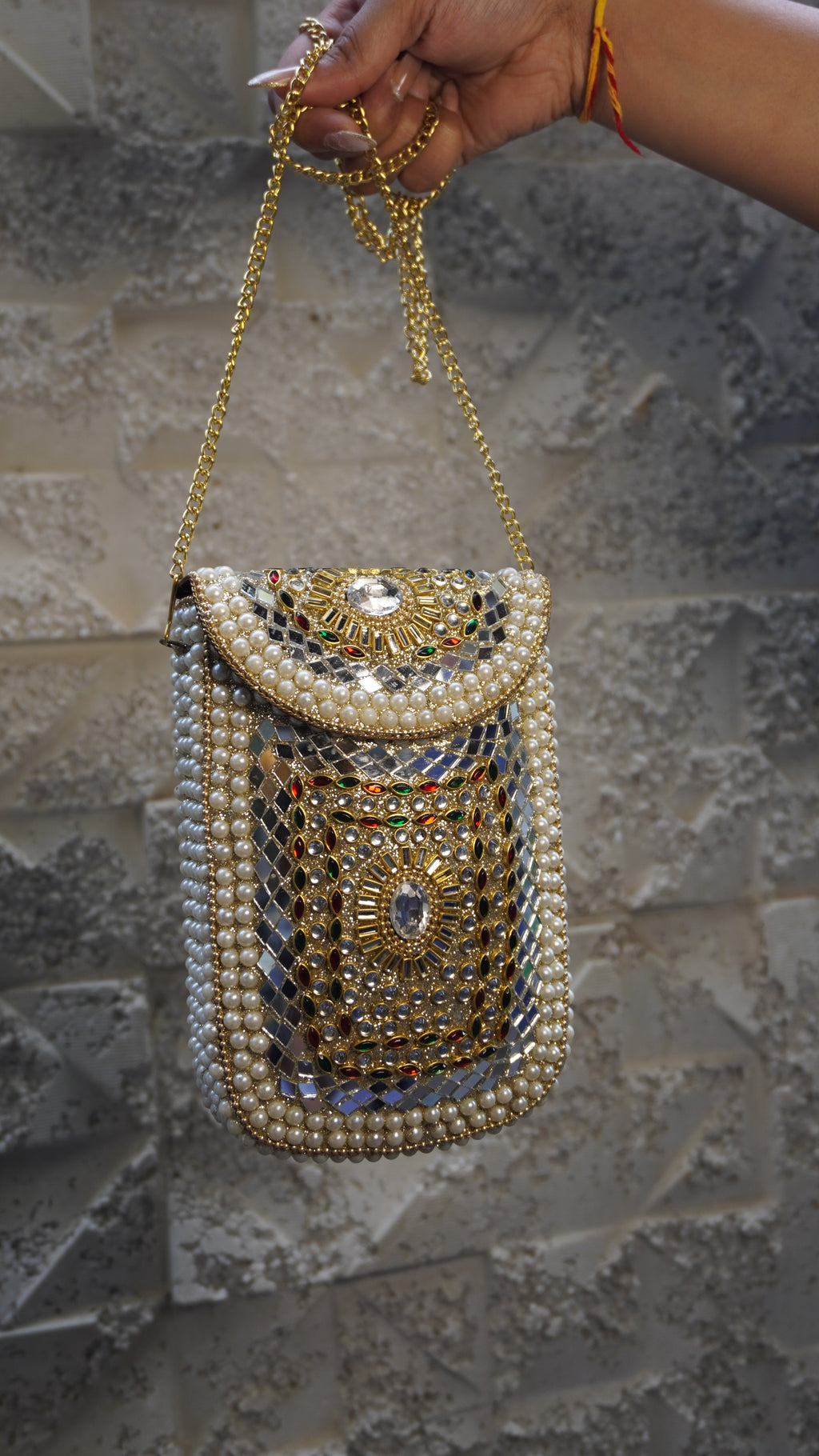 HER LABEL Pearl Stone Mobile Holder Brass Clutch pearl-embellished reverse