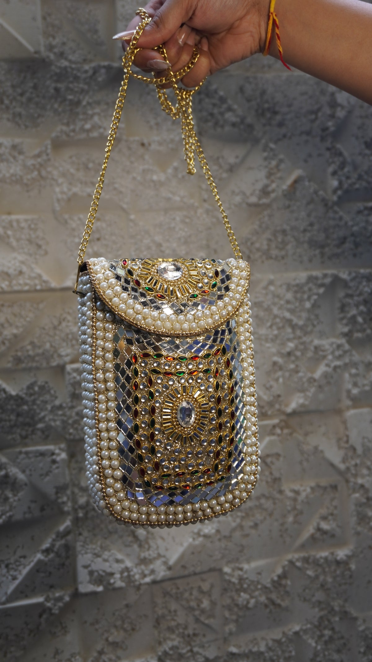 HER LABEL Pearl Stone Mobile Holder Brass Clutch pearl-embellished reverse