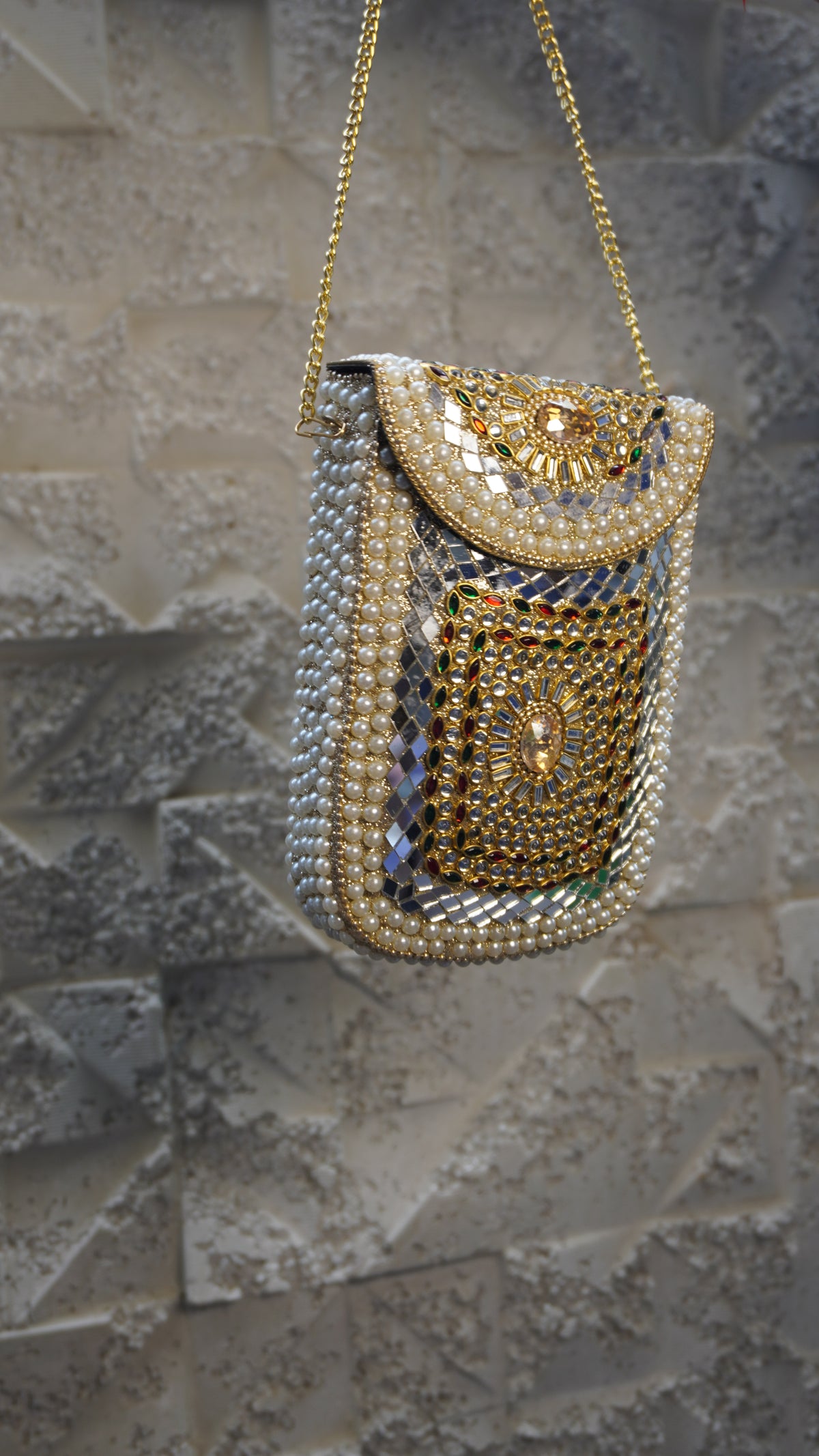 HER LABEL Golden Stone Mobile Holder Brass Clutch