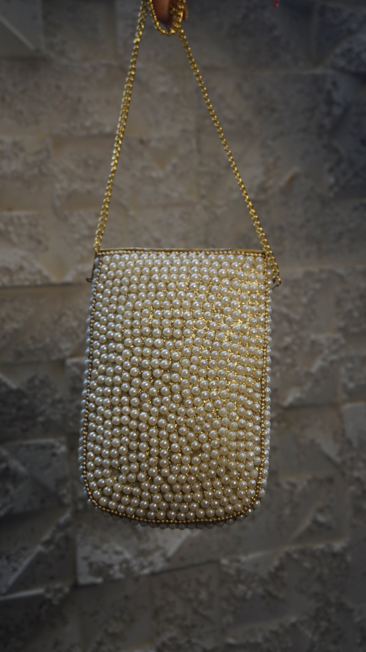 HER LABEL Golden Stone Mobile Holder Brass Clutch pearl-like embellished reverse