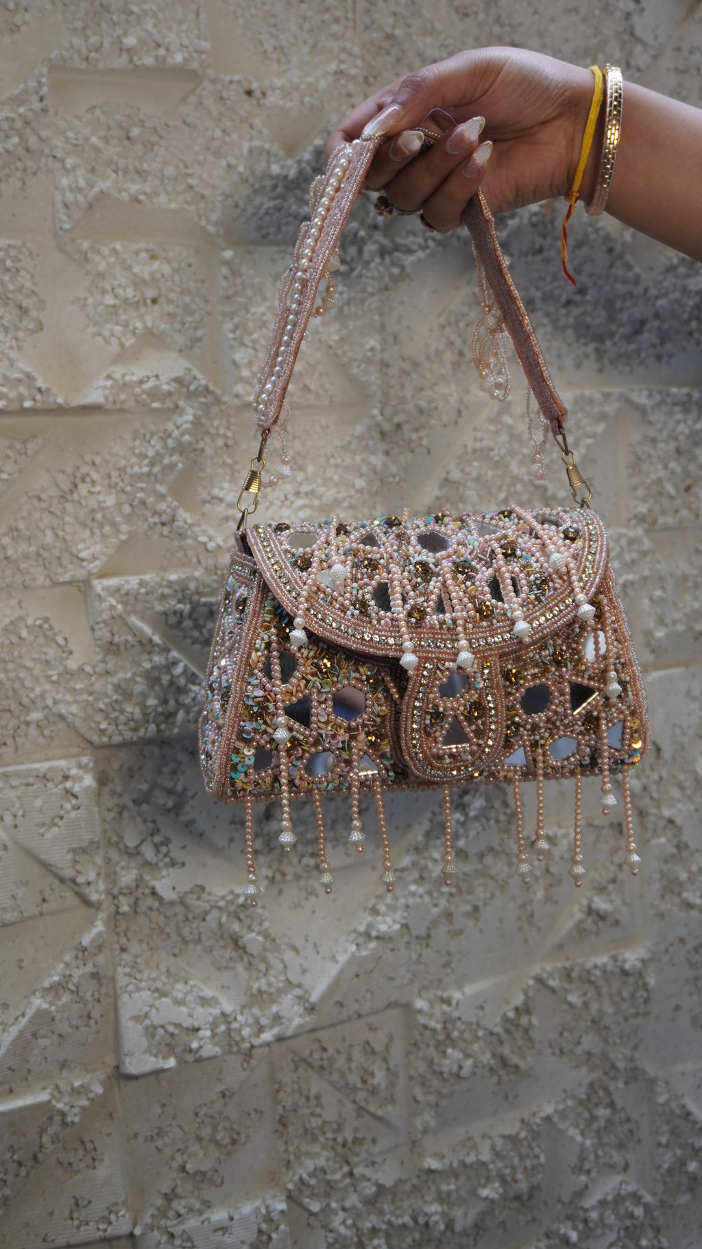 HER LABEL Pink Heavy Embroidered Mirror Work Clutch