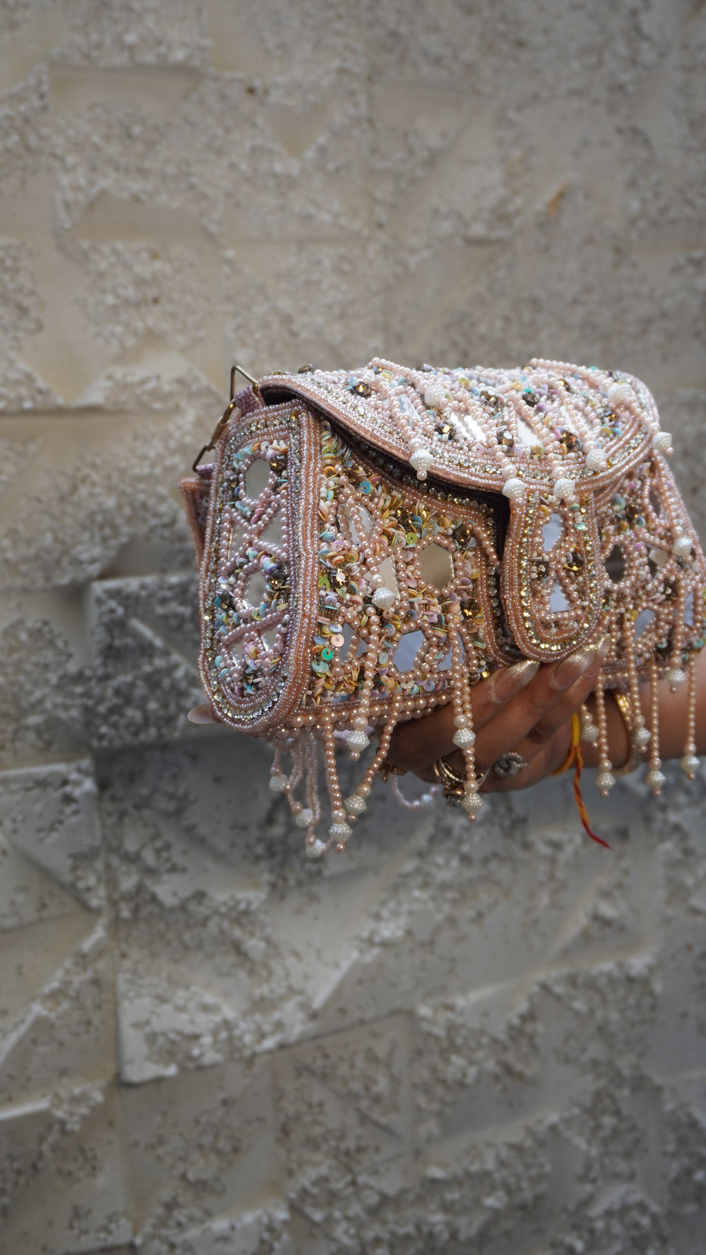 HER LABEL Pink Embroidered Mirror Work Clutch reverse