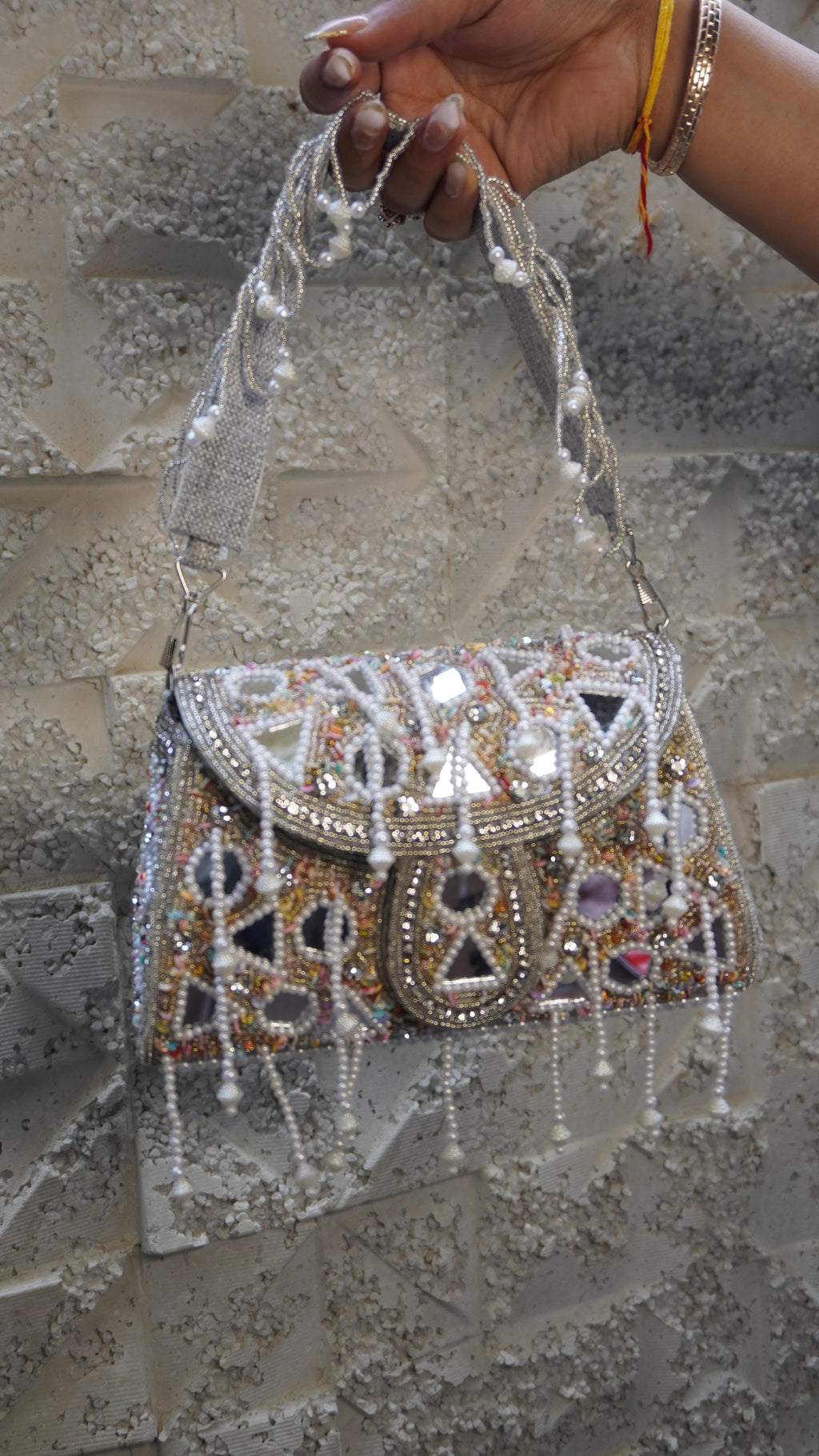 Heavy Embroidered Mirror Work Clutch – White