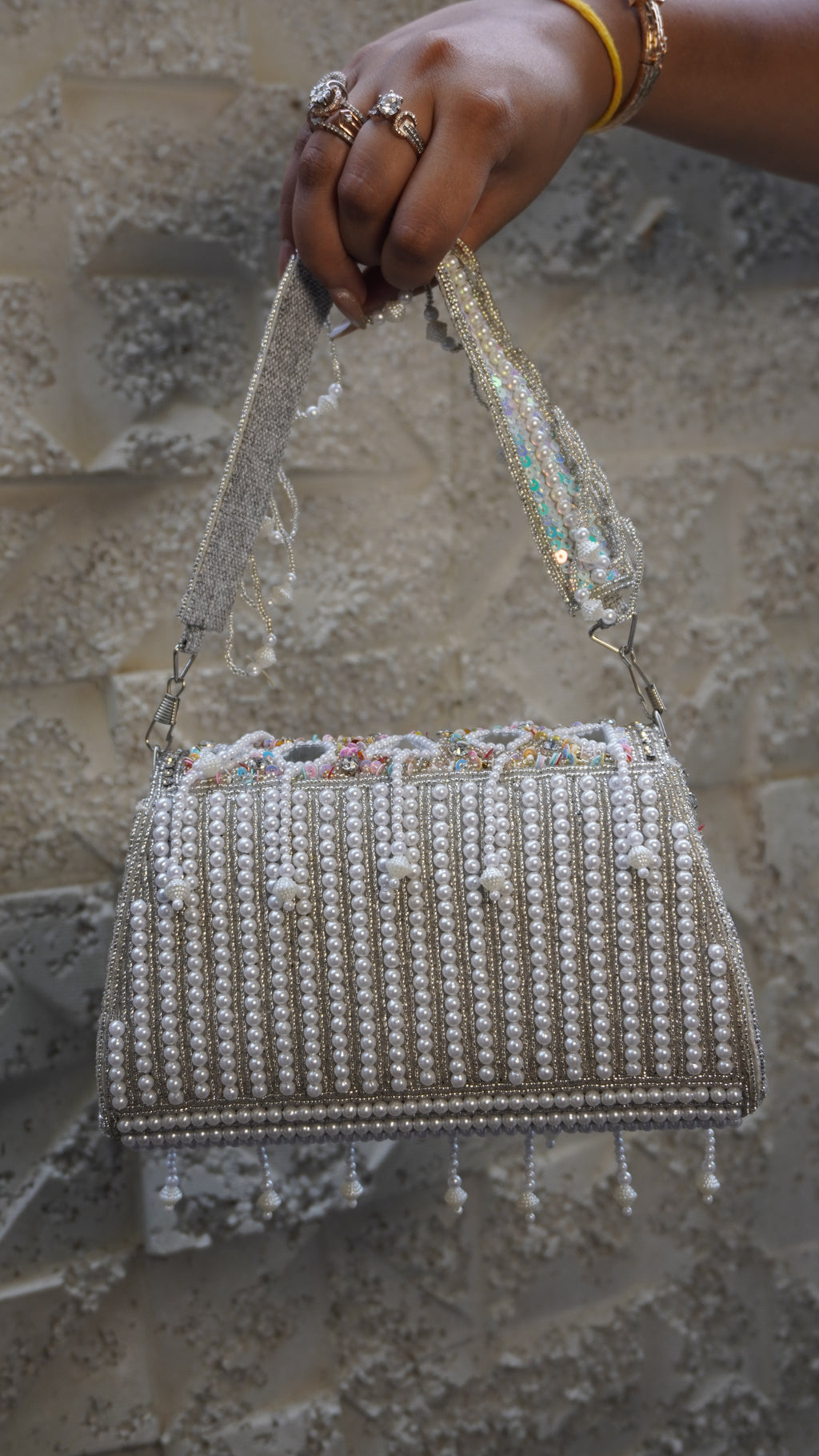 Heavy Embroidered Mirror Work Clutch – White