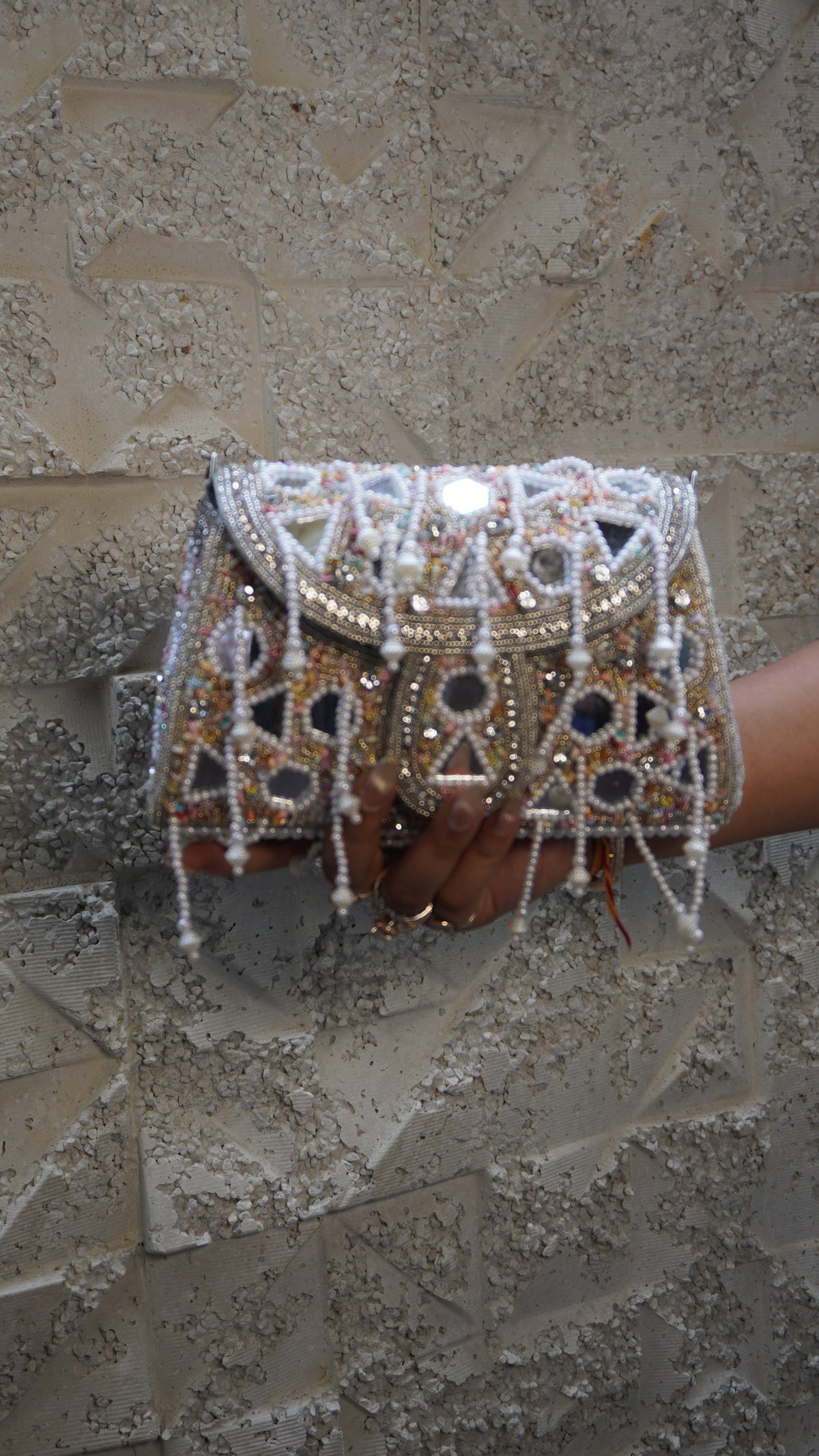 Heavy Embroidered Mirror Work Clutch – White