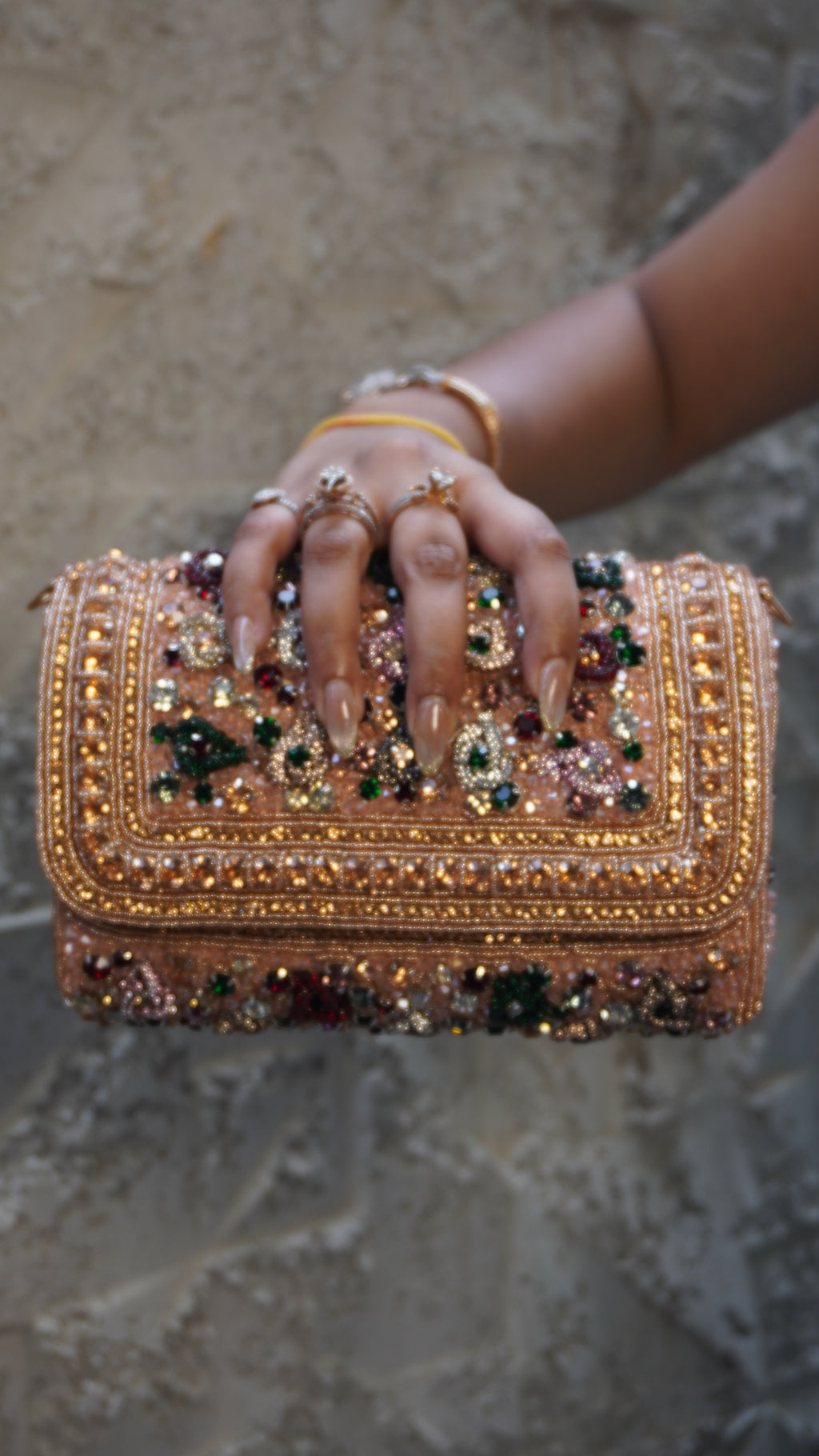 Pink rectangular bridal clutch reverse with vertical beadwork