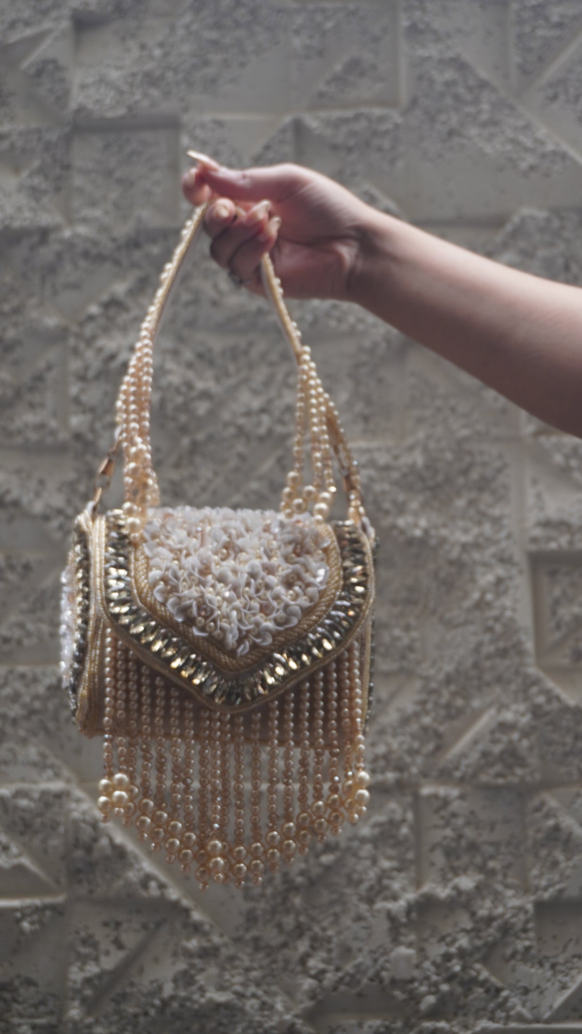 Golden Floral Beaded Fringe Handbag